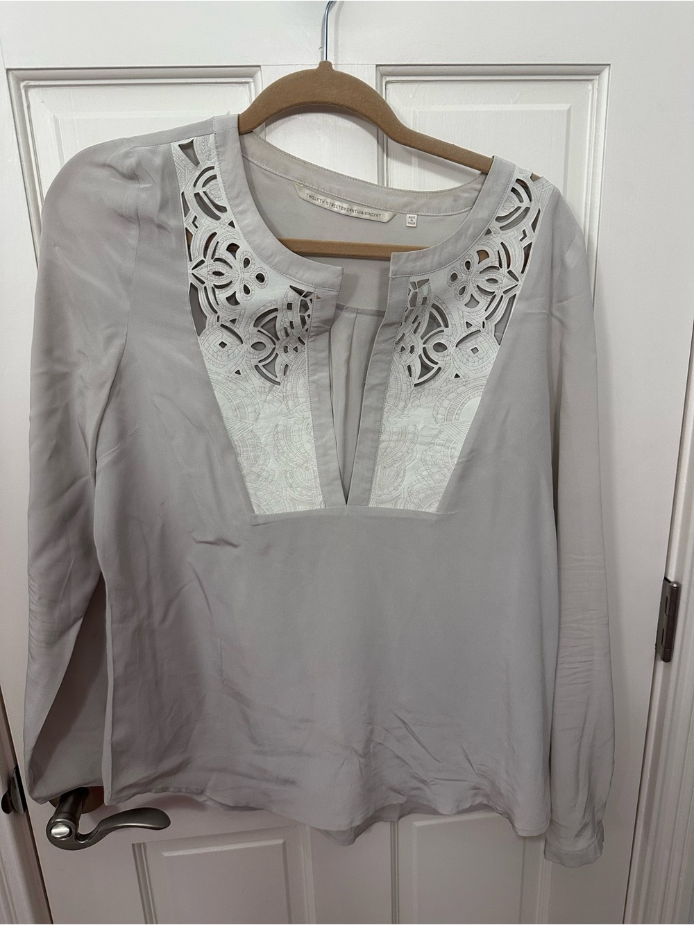 Twelfth Street by Cynthia Vincent Light Gray Lace-Trim Tunic Blouse